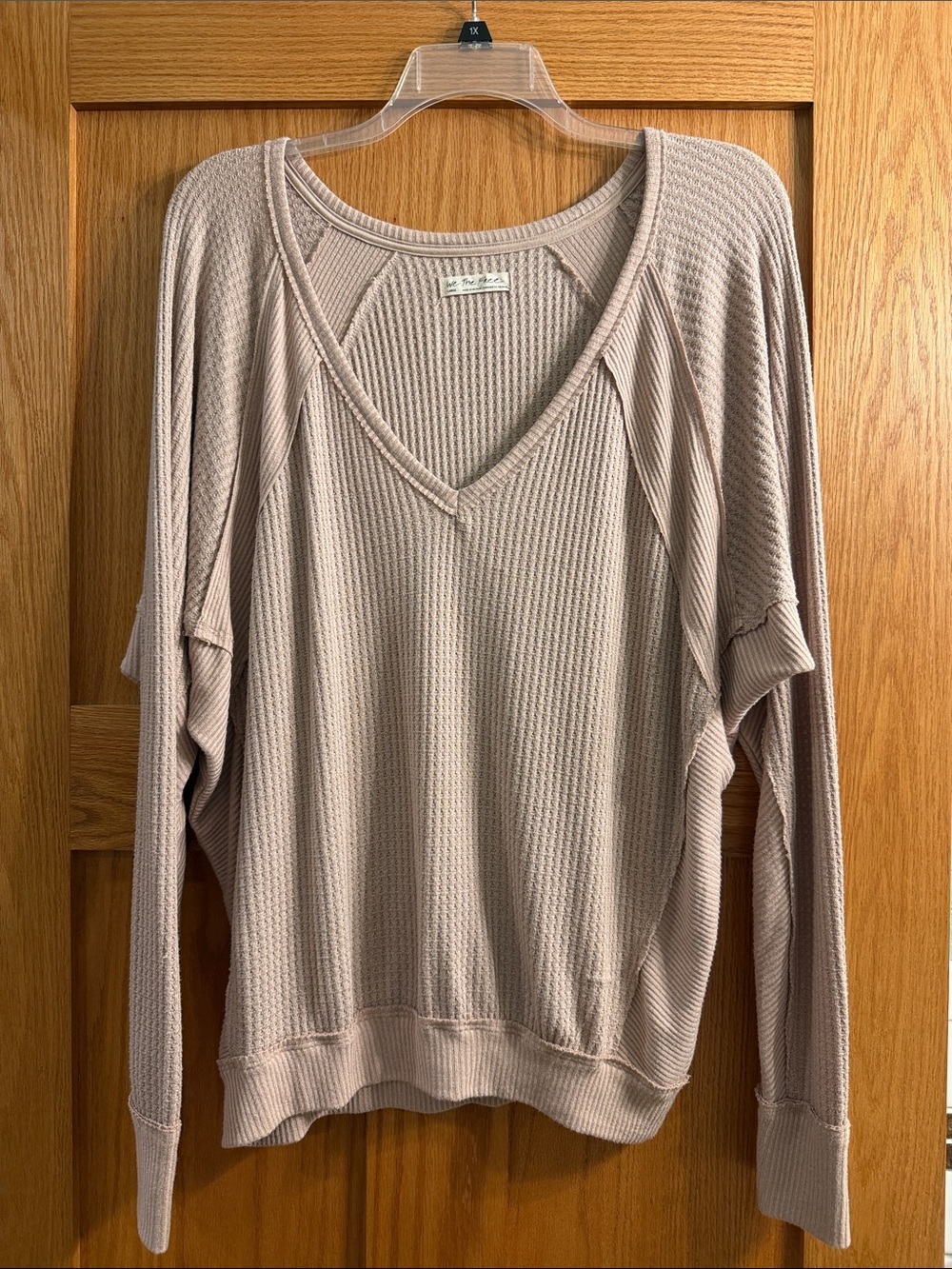 We The Free Taupe Waffle V-Neck Pullover